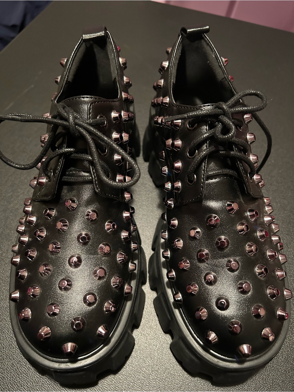 Foxblood Black Platform Lace-Up Oxfords with Purple Stud Accents 8 - Picture 4 of 5